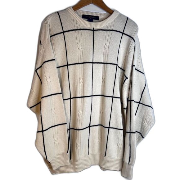 Cotton Traders Cable Knit Fisherman Sweater Windowpane Plaid 100% Cotton Size LG - Picture 1 of 9